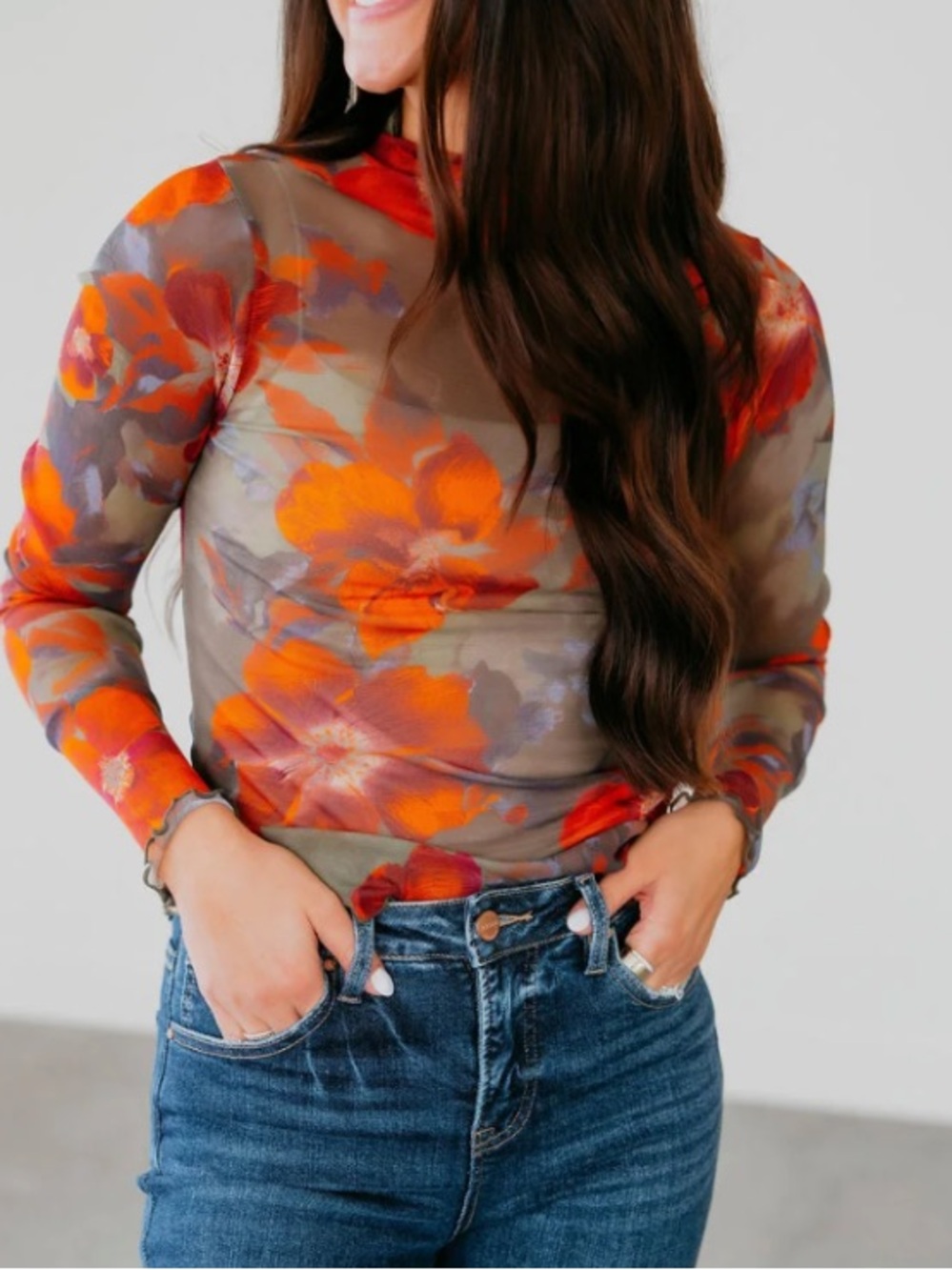 Floral Print Lettuce Trim Long Sleeve Mesh Top